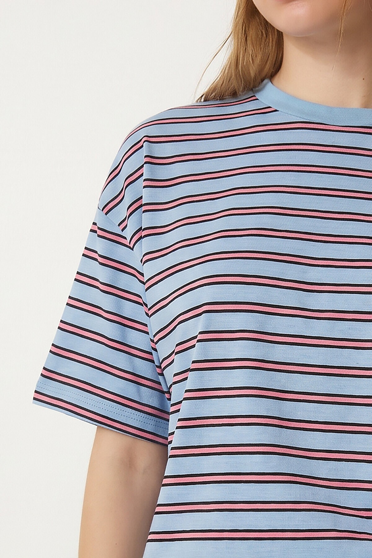 Çizgili Oversize Örme T-shirt MAVİ LCR0124