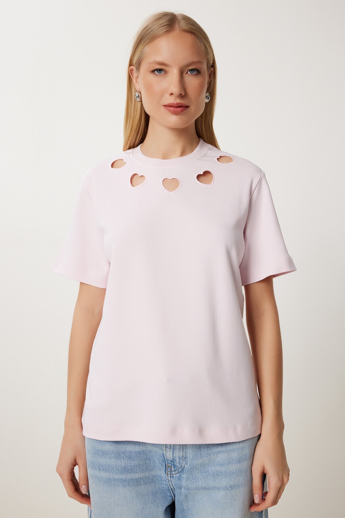 Cut Out Detaylı Pamuklu Örme T-shirt ŞEKER PEMBE LUS0155