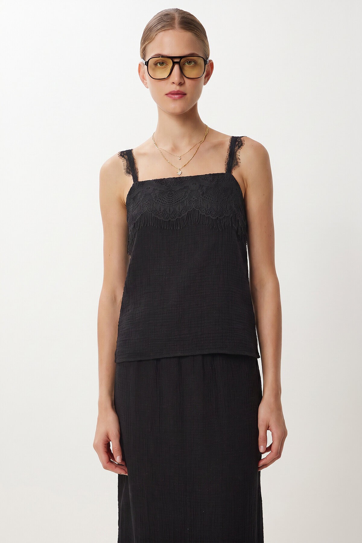 Dantel Detaylı Müslin Alt-Üst Takım SİYAH LGX0012