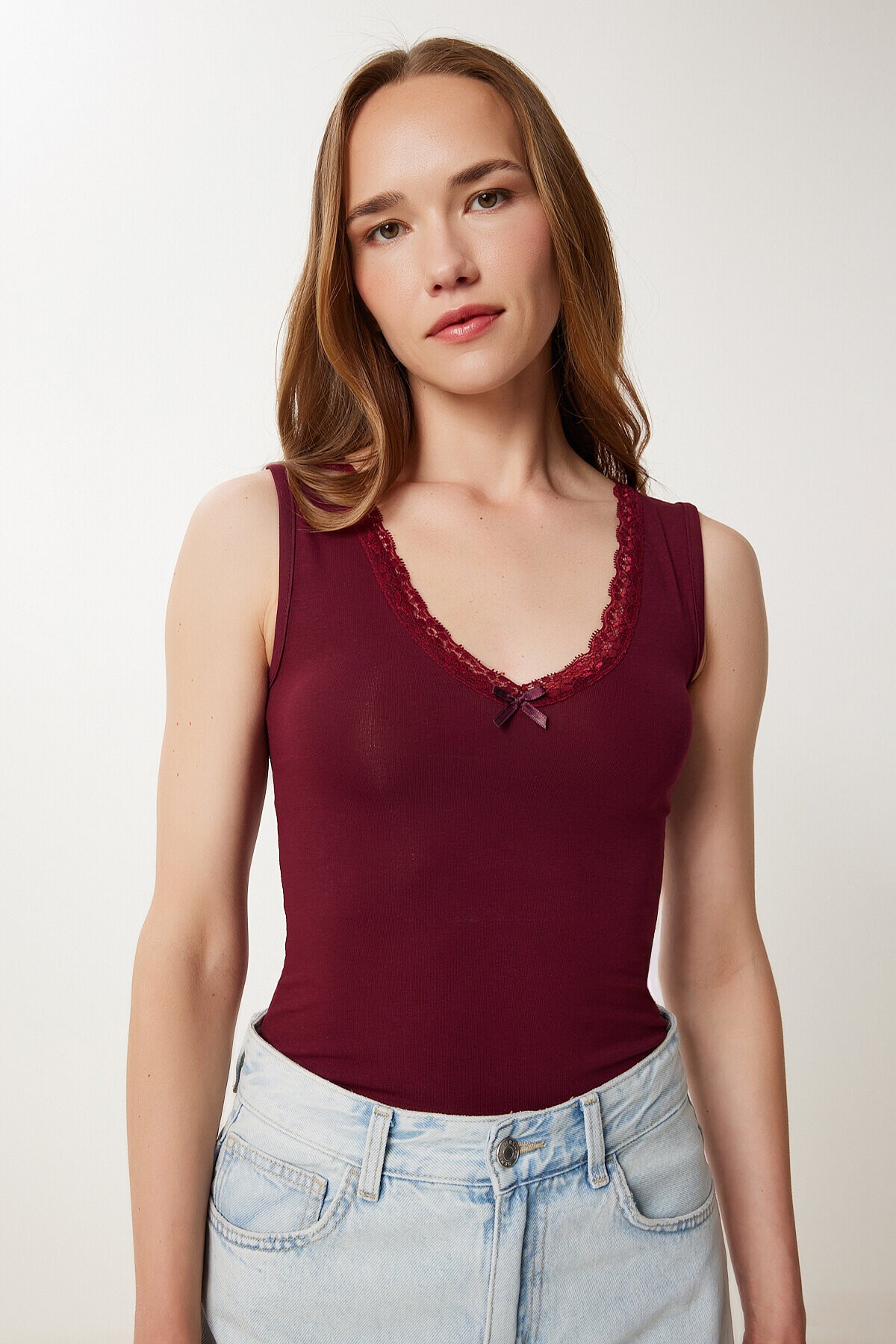 Dantel Detaylı Örme Bodysuit BORDO LZV0016