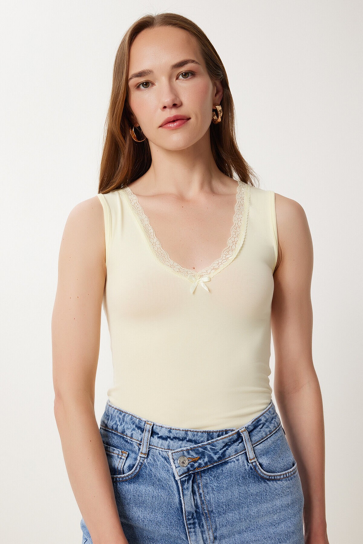 Dantel Detaylı Örme Bodysuit SARI LZV0016