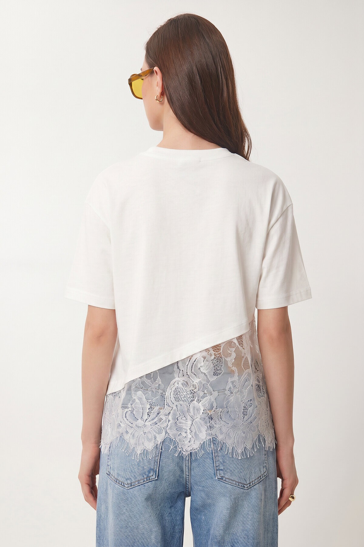 Dantel Detaylı Oversize Örme T-shirt EKRU LCR0125