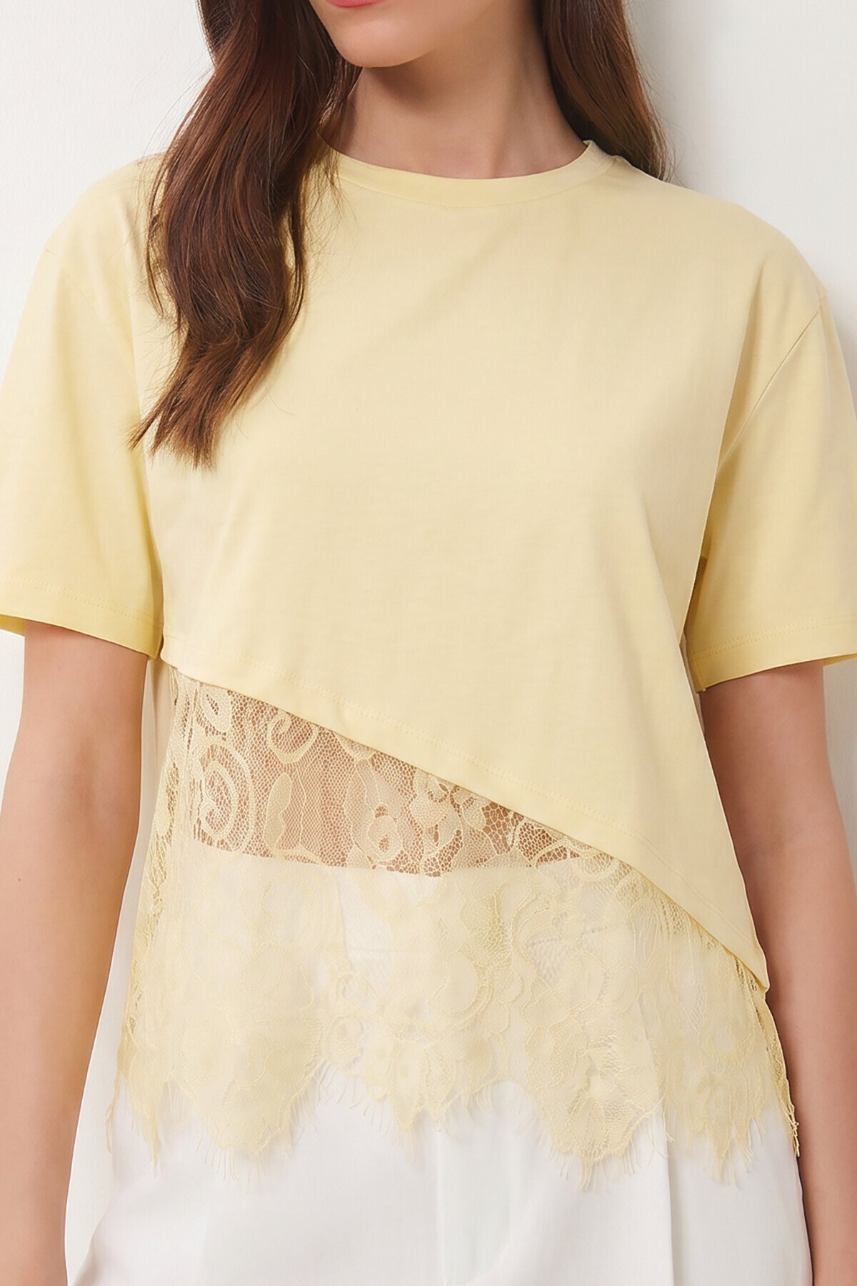 Dantel Detaylı Oversize Örme T-shirt SARI LCR0125