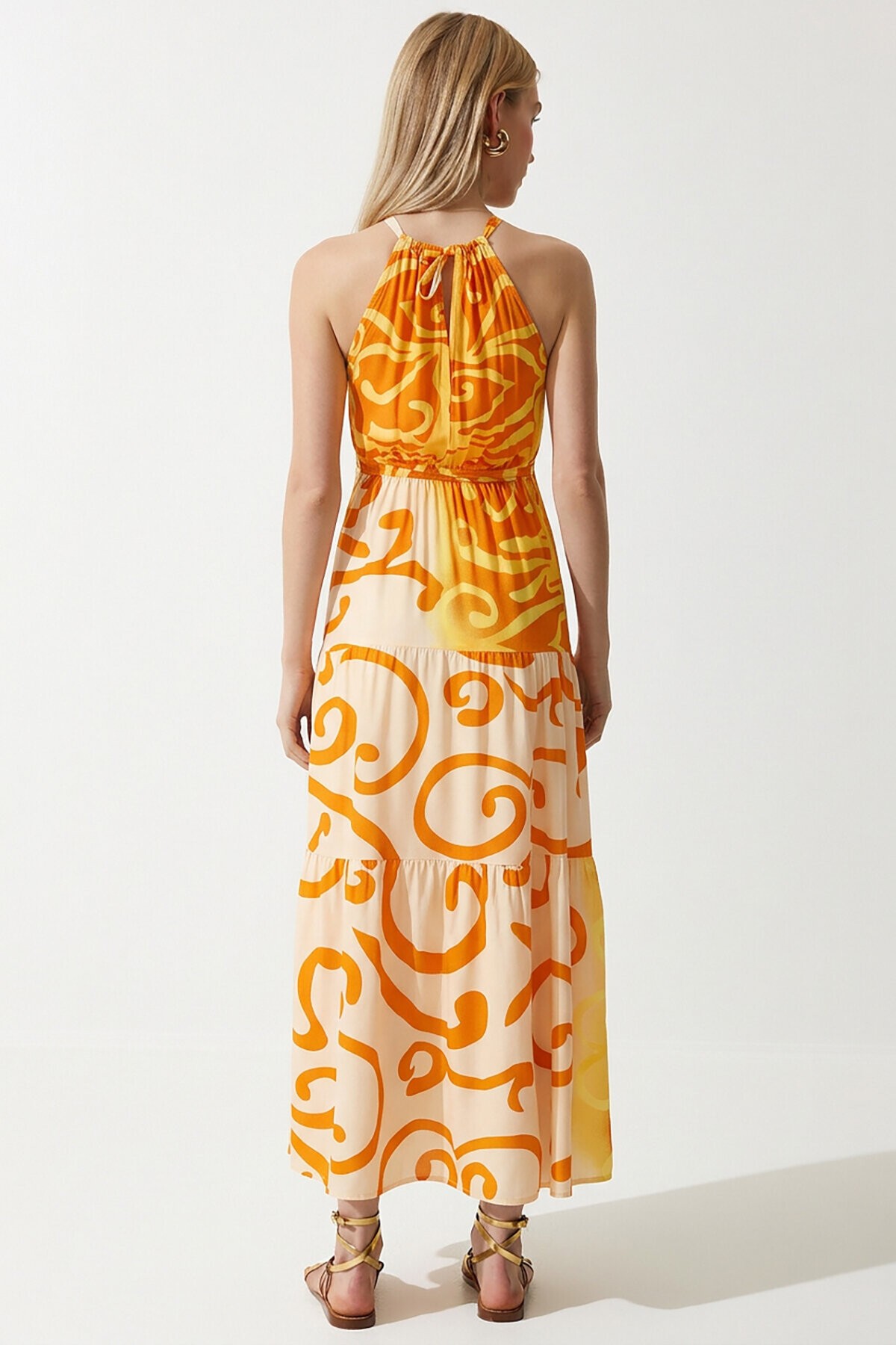 Desenli Kuşaklı Yazlık Viskon Elbise ORANJ EKRU LZV0063