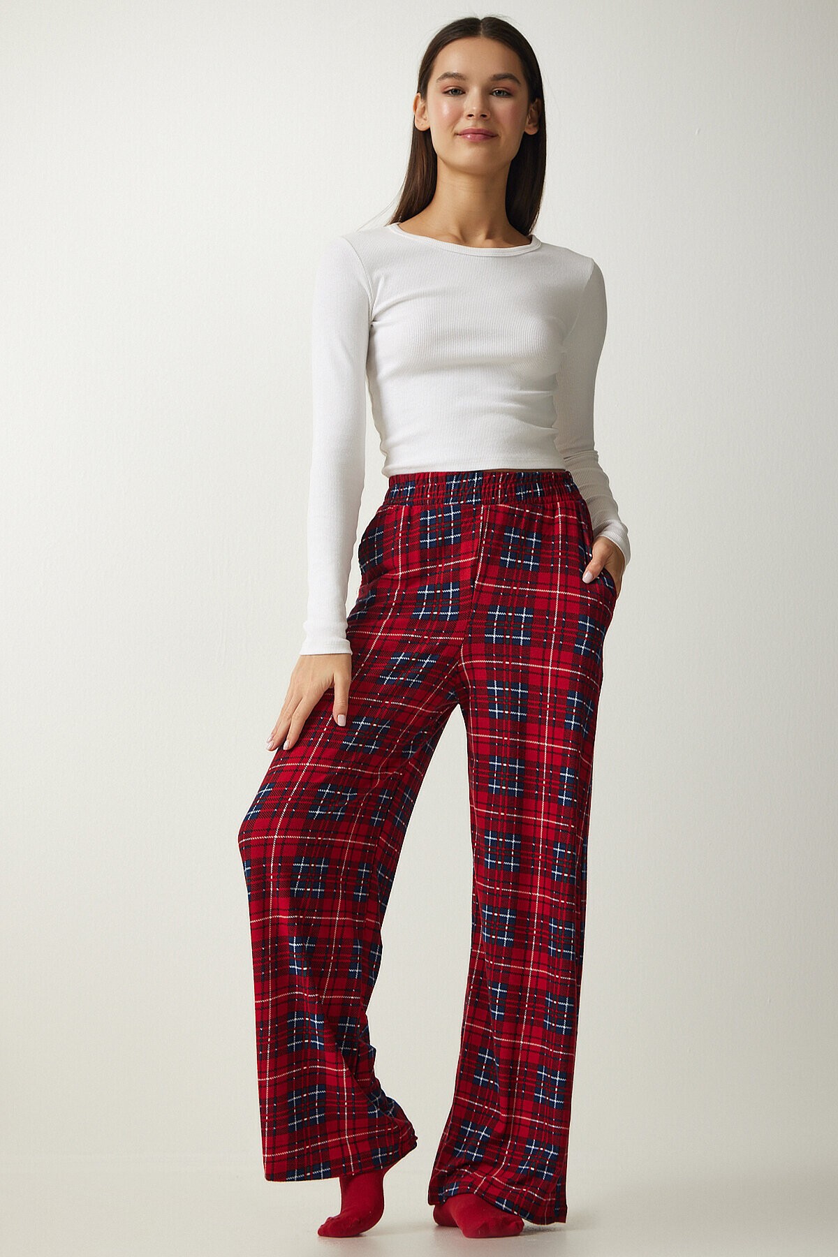 Desenli Yumuşak Dokulu Örme Pijama Altı KIRMIZI LACİVERT LXR0001