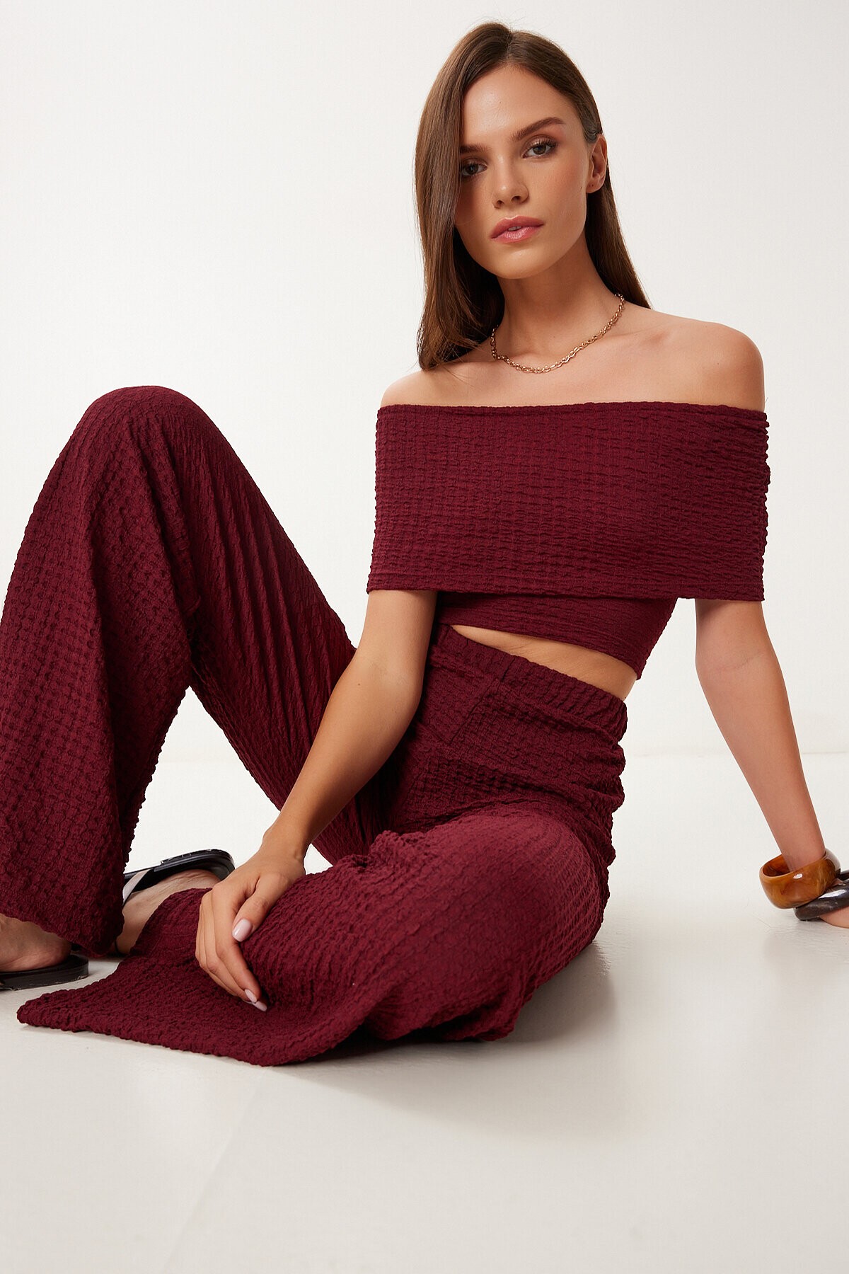 Dokulu Bluz Pantolon Takım BORDO LZV0014