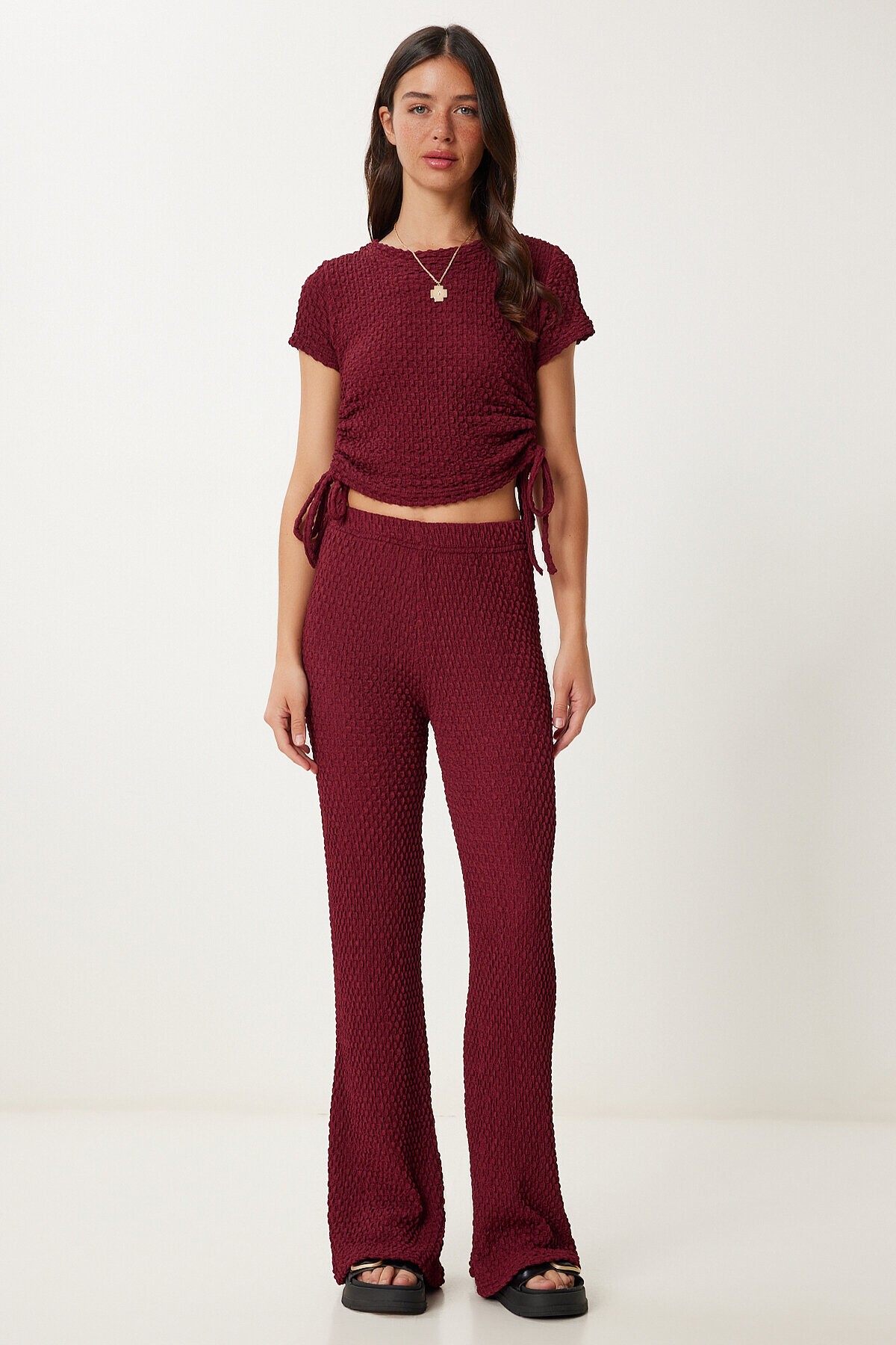 Dokulu Esnek Bluz Pantolon Takım BORDO LZV0011