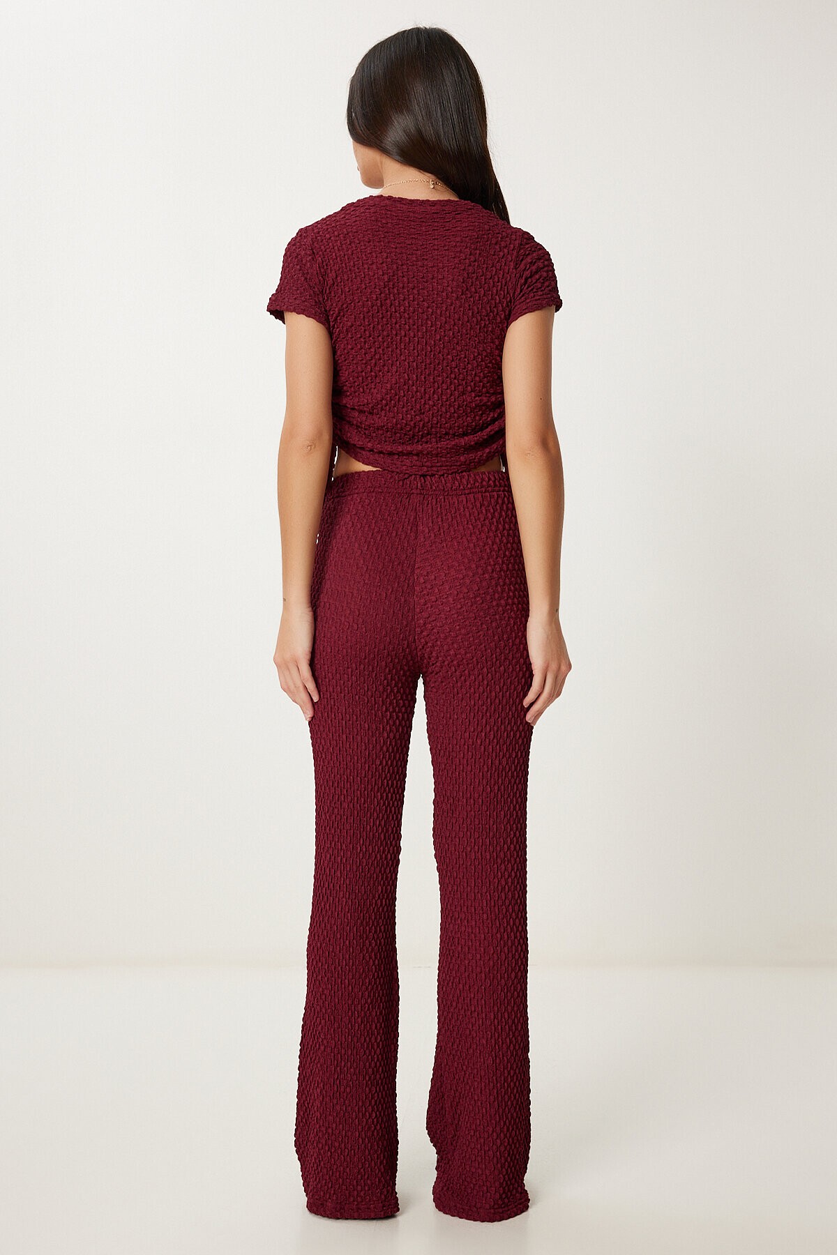 Dokulu Esnek Bluz Pantolon Takım BORDO LZV0011