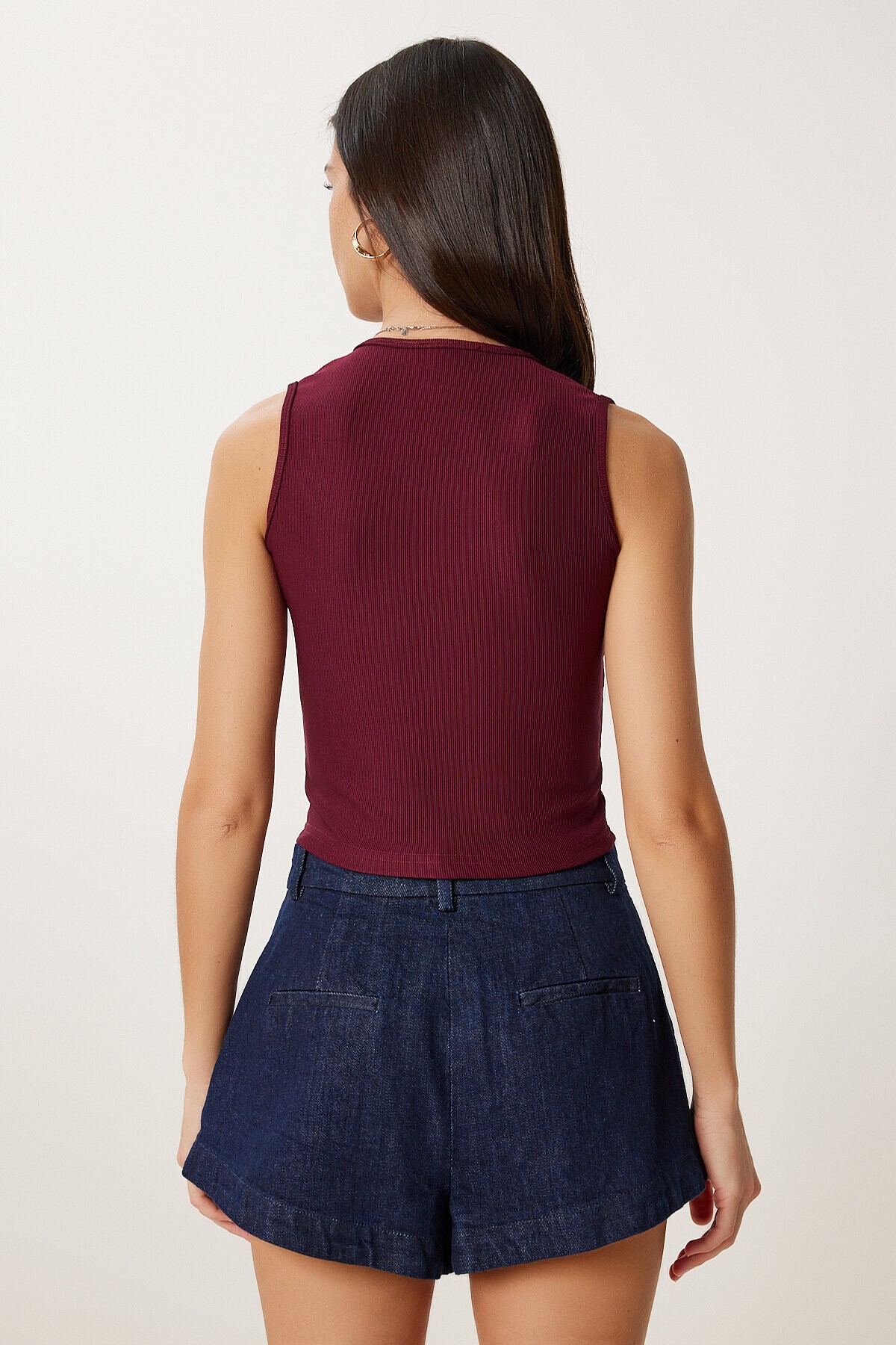 Dore Düğmeli Fitilli Örme Crop Bluz BORDO LZV0012