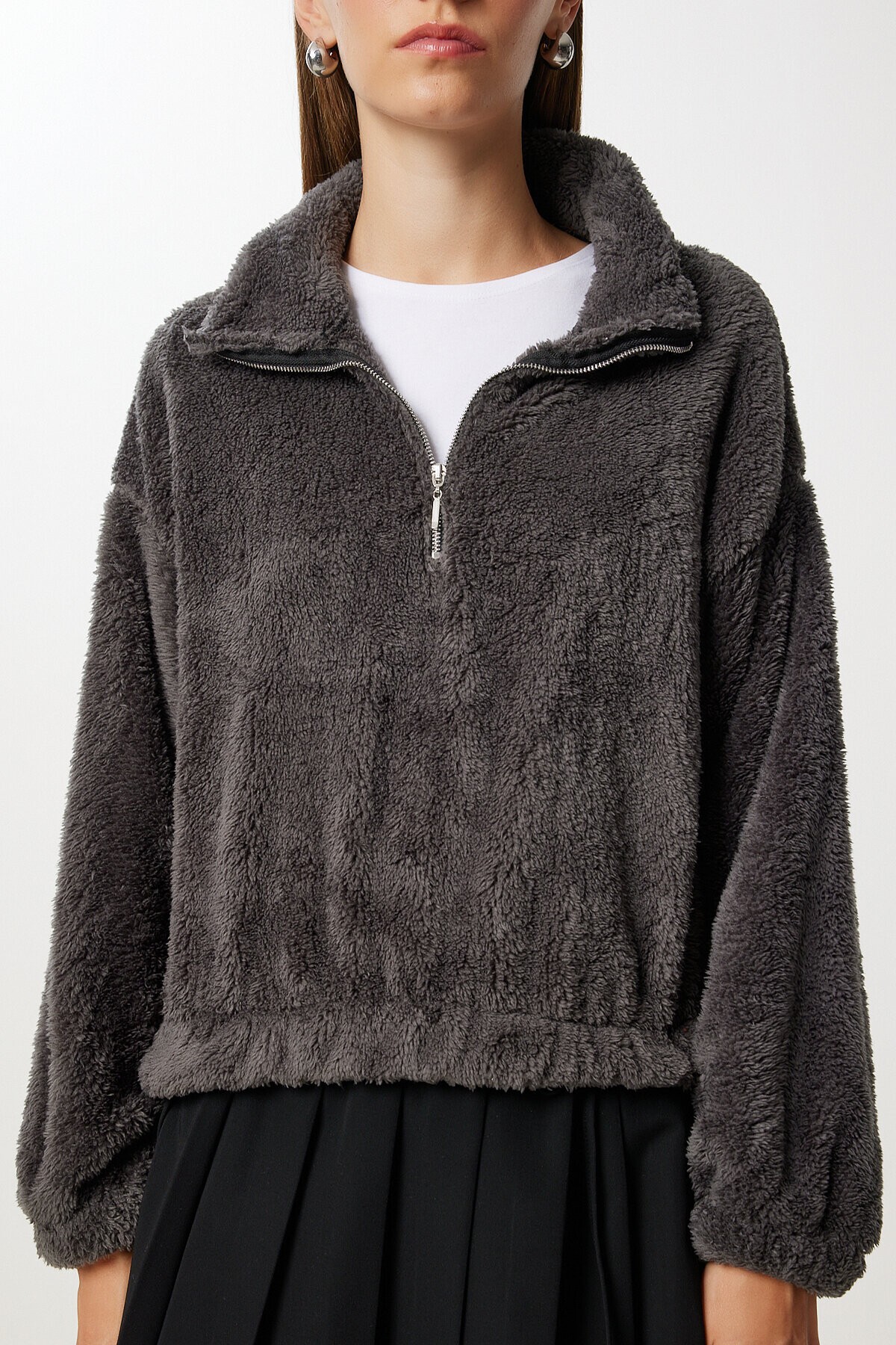 Fermuarlı Peluş Sweatshirt ANTRASİT LZV0019