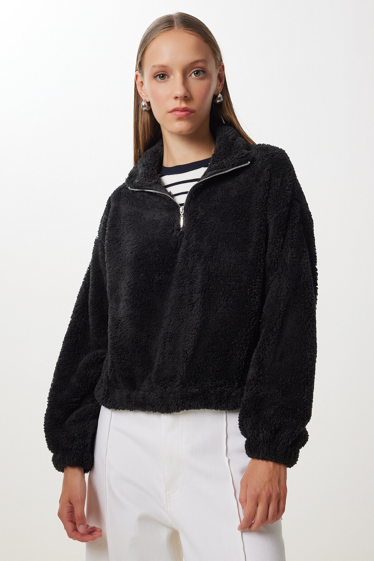Fermuarlı Peluş Sweatshirt SİYAH LZV0019