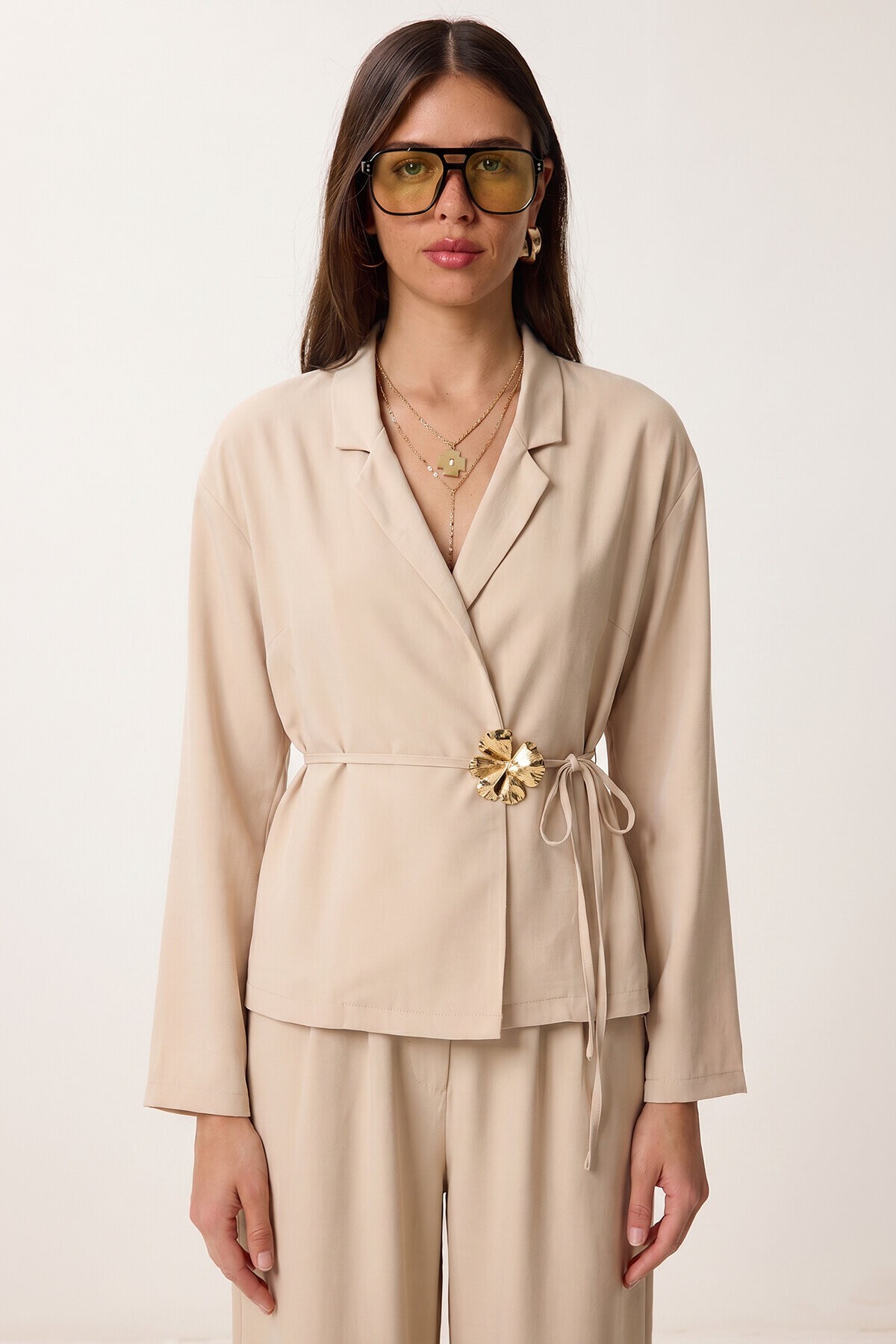 Gold Aksesuarlı Tencel Alt-Üst Takım TAŞ LYY0144