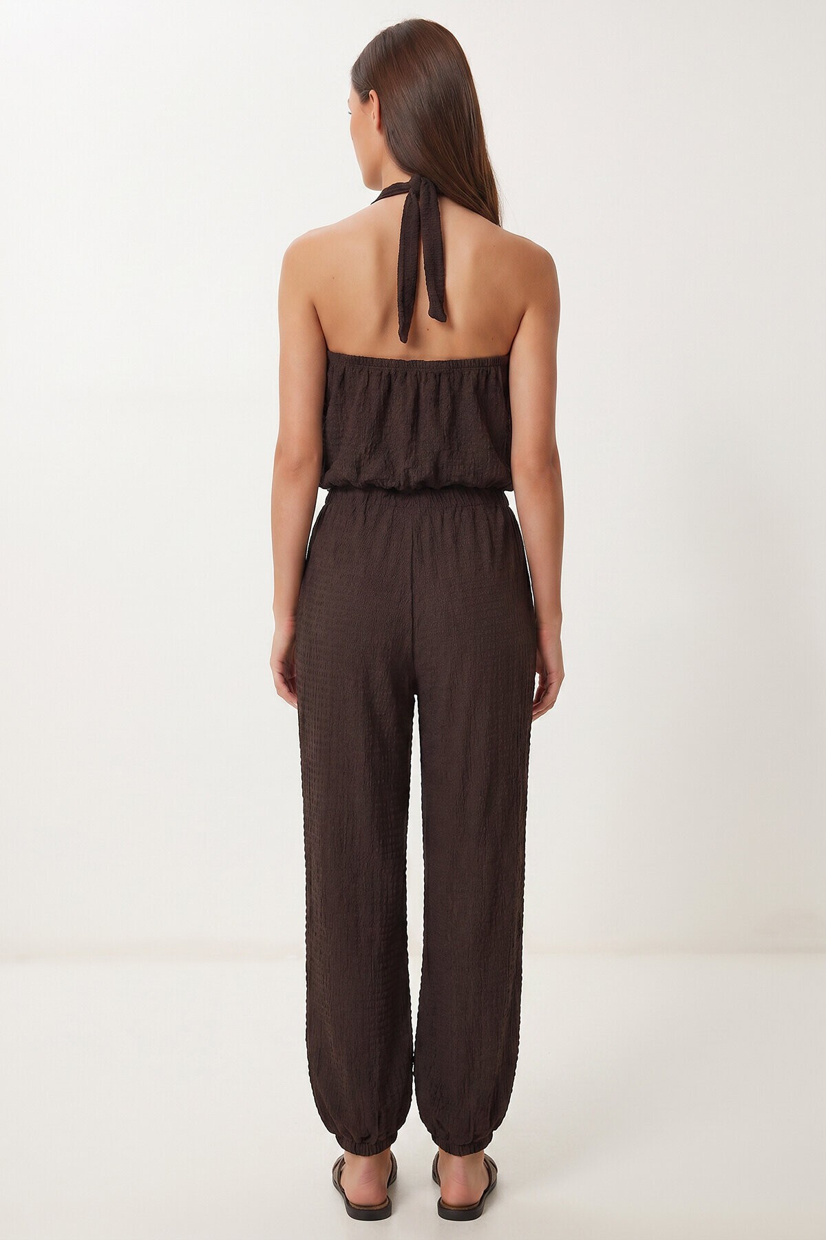 Halter Yaka Bluz Pantolon Krinkıl Takım KAHVERENGİ LFW0027