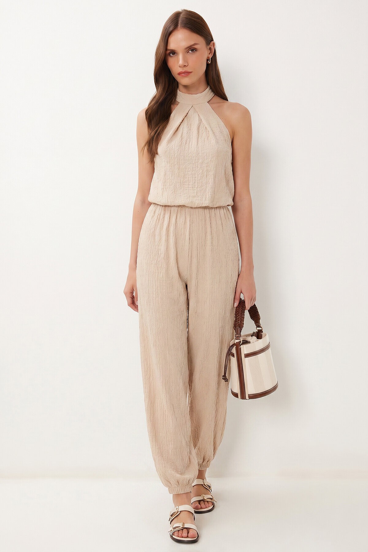 Halter Yaka Bluz Pantolon Krinkıl Takım KREM LFW0027