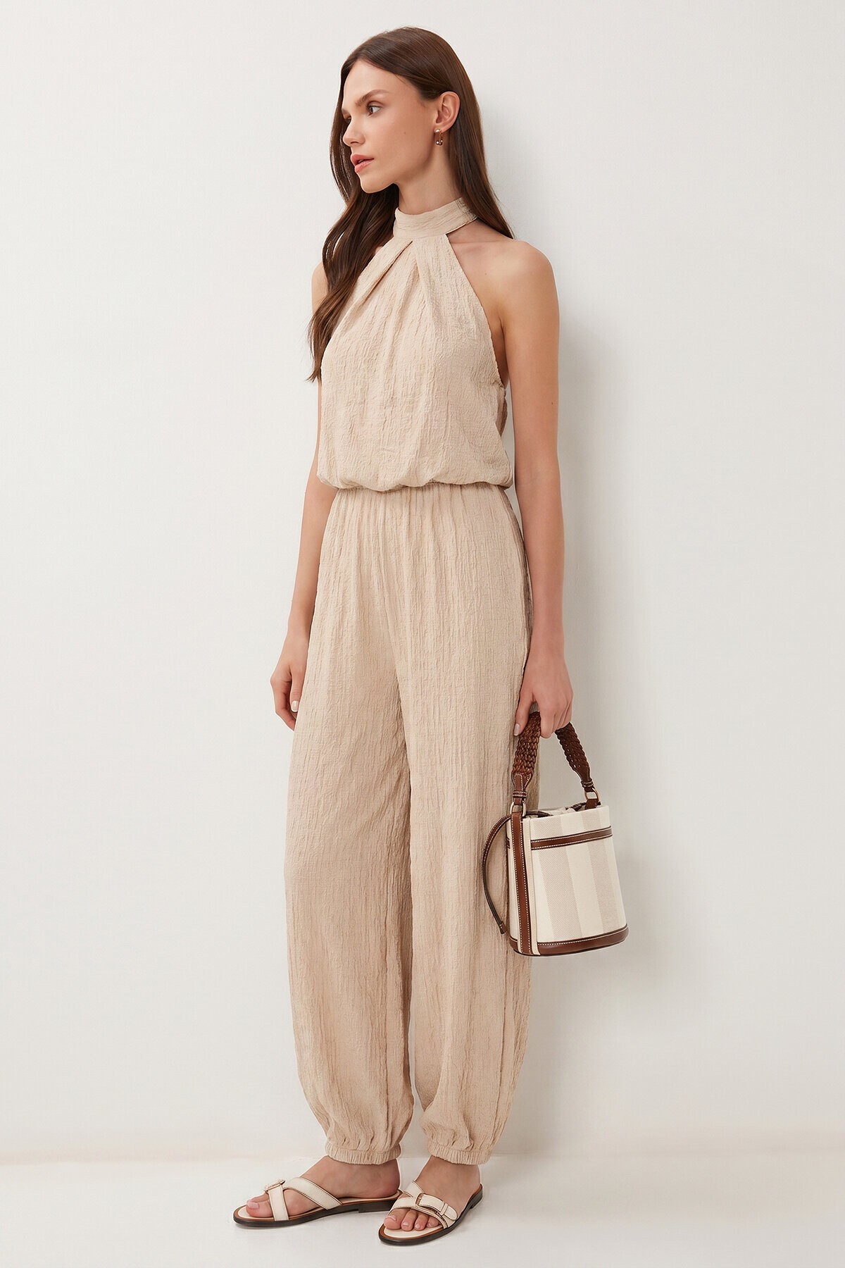 Halter Yaka Bluz Pantolon Krinkıl Takım KREM LFW0027