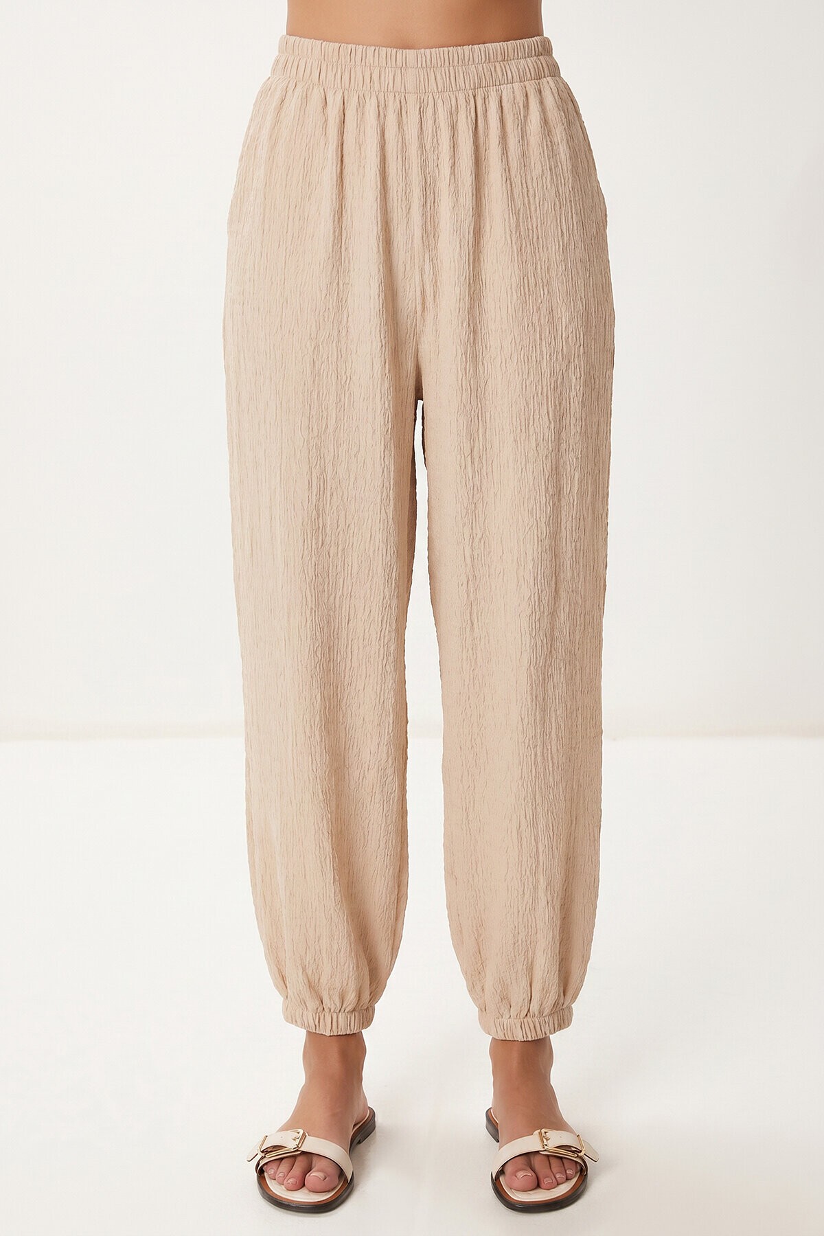 Halter Yaka Bluz Pantolon Krinkıl Takım KREM LFW0027