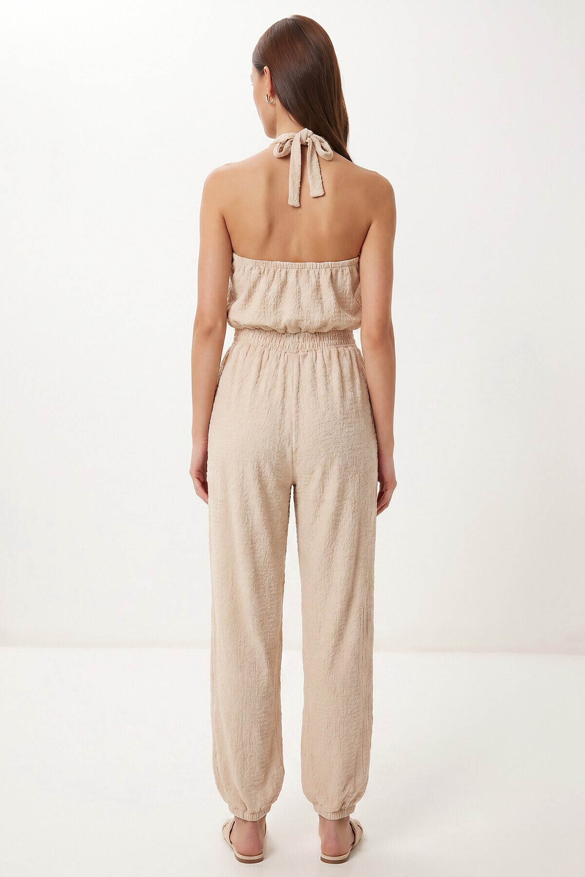 Halter Yaka Bluz Pantolon Krinkıl Takım KREM LFW0027