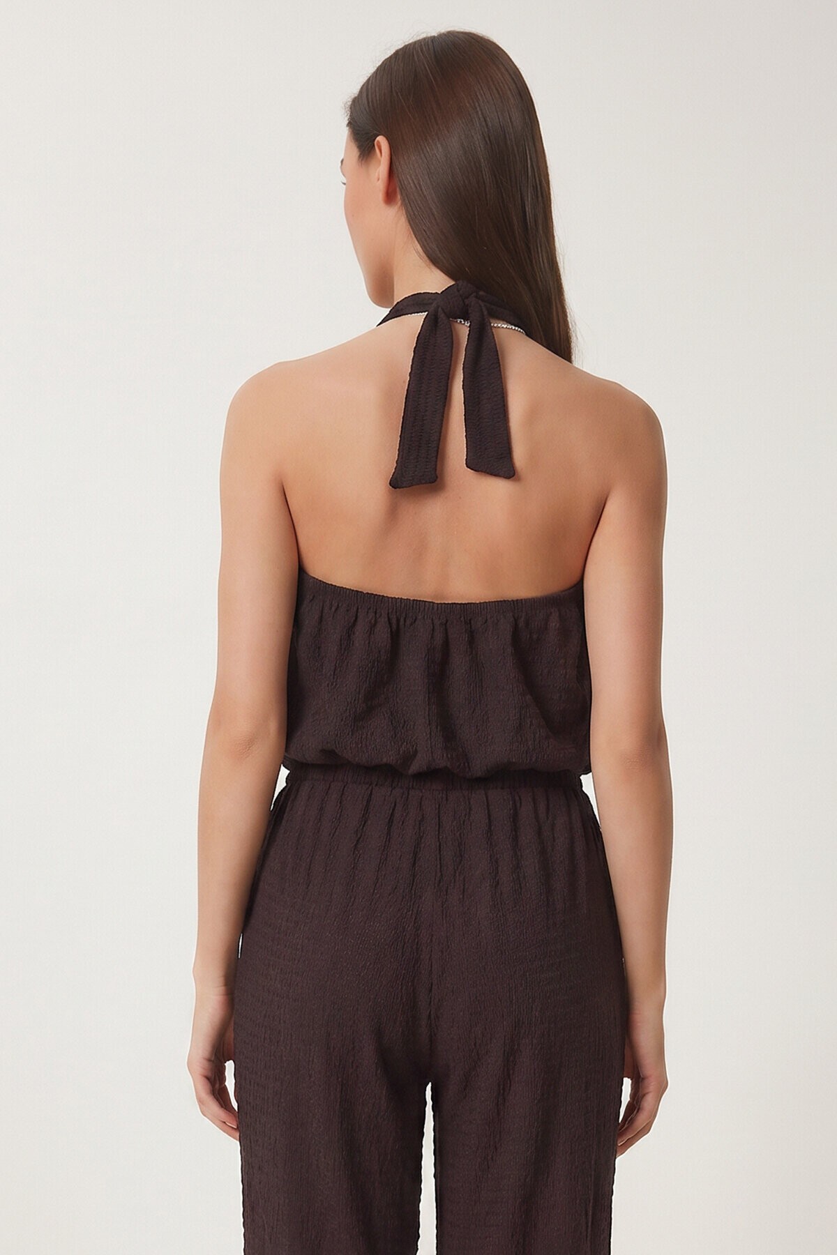Halter Yaka Bluz Pantolon Krinkıl Takım MÜRDÜM LFW0027
