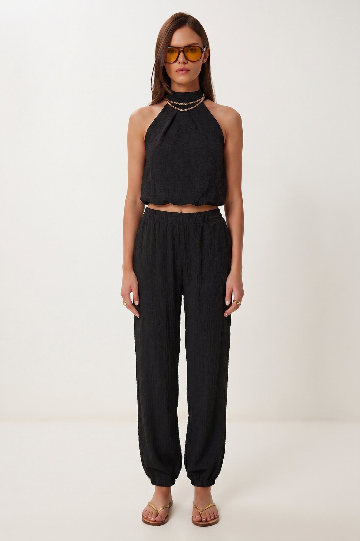 Halter Yaka Bluz Pantolon Krinkıl Takım SİYAH LFW0027