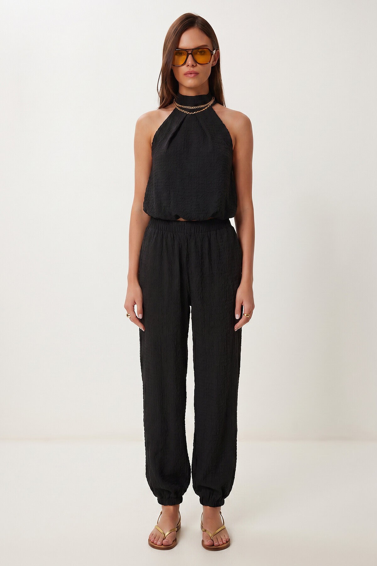 Halter Yaka Bluz Pantolon Krinkıl Takım SİYAH LFW0027
