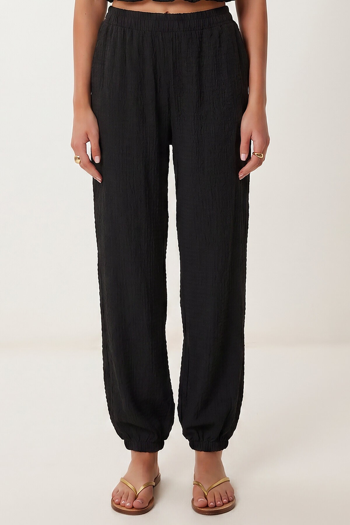 Halter Yaka Bluz Pantolon Krinkıl Takım SİYAH LFW0027