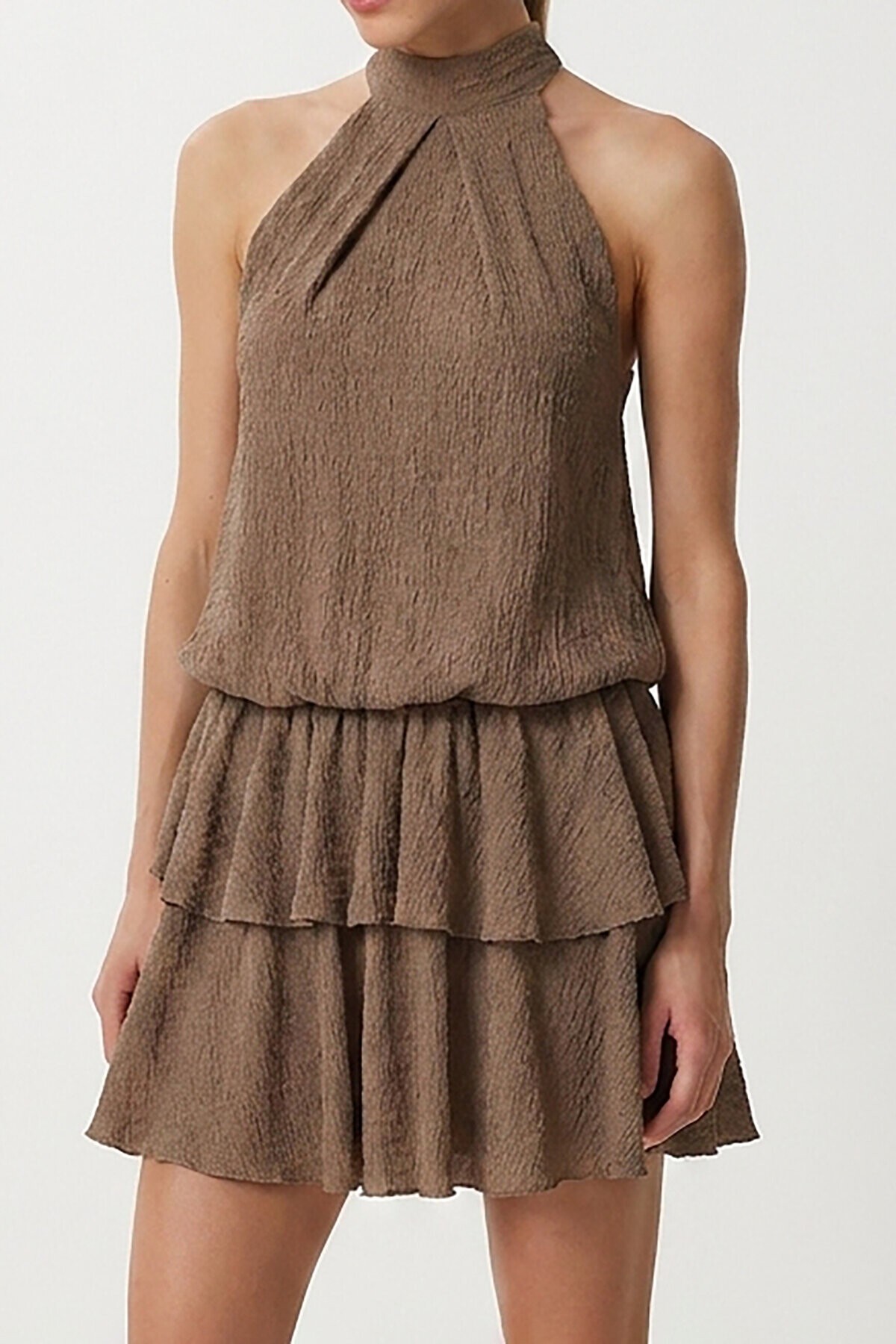 Halter Yaka Katlı Mini Krinkıl Örme Elbise VİZON LFW0022