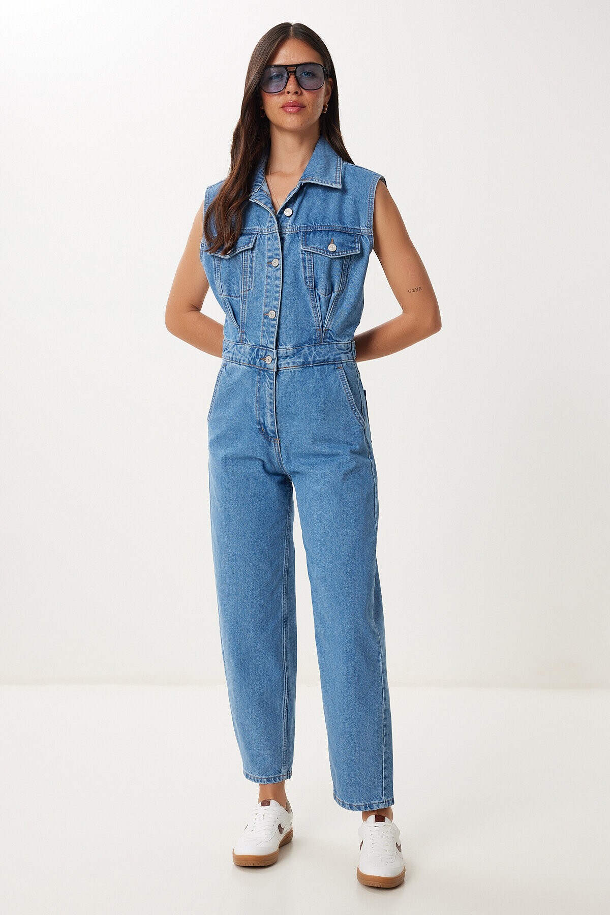 Kapaklı Cepli Denim Tulum AÇIK MAVİ LVW0005