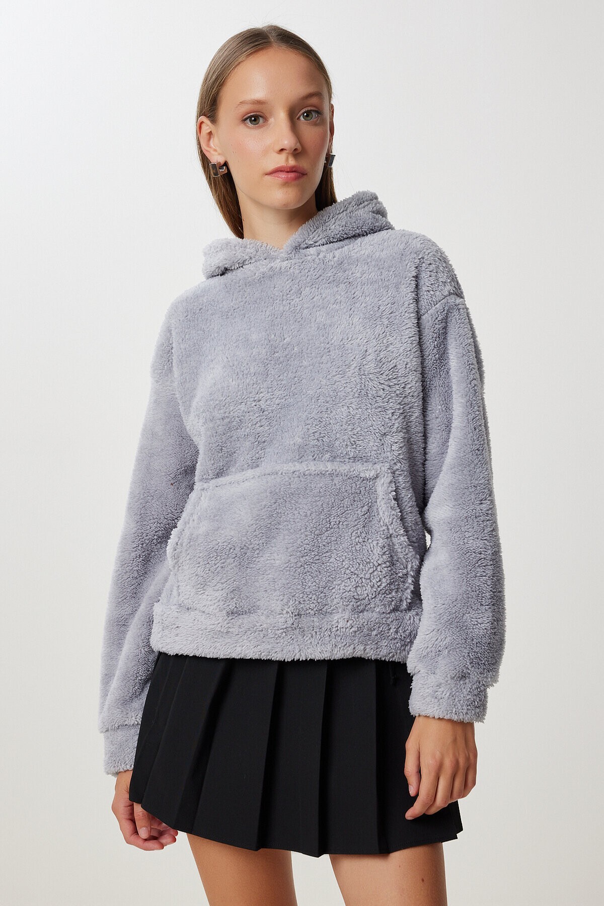 Kapüşonlu Cepli Peluş Sweatshirt GRİ LZV0020