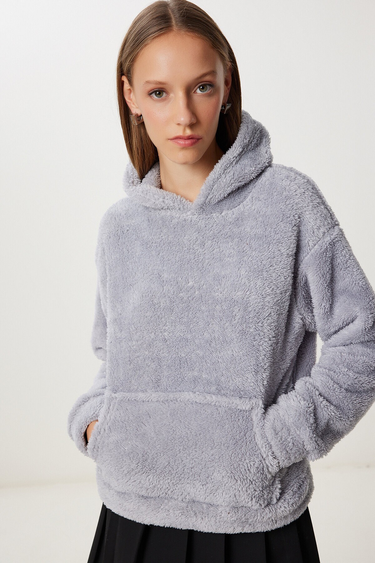 Kapüşonlu Cepli Peluş Sweatshirt GRİ LZV0020