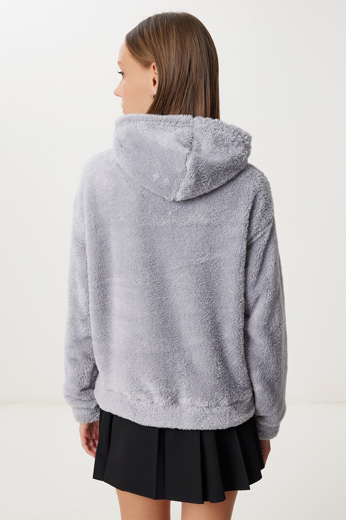 Kapüşonlu Cepli Peluş Sweatshirt GRİ LZV0020