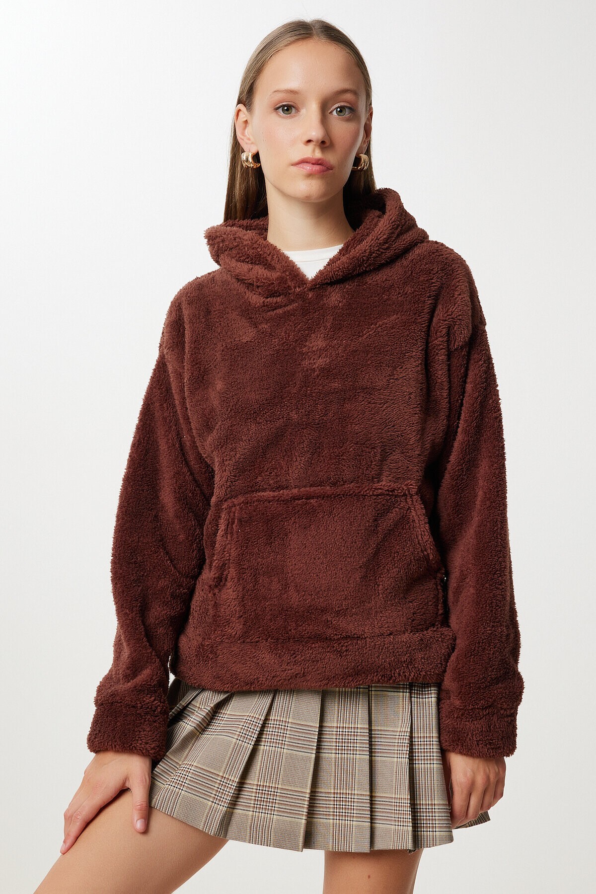 Kapüşonlu Cepli Peluş Sweatshirt KAHVERENGİ LZV0020
