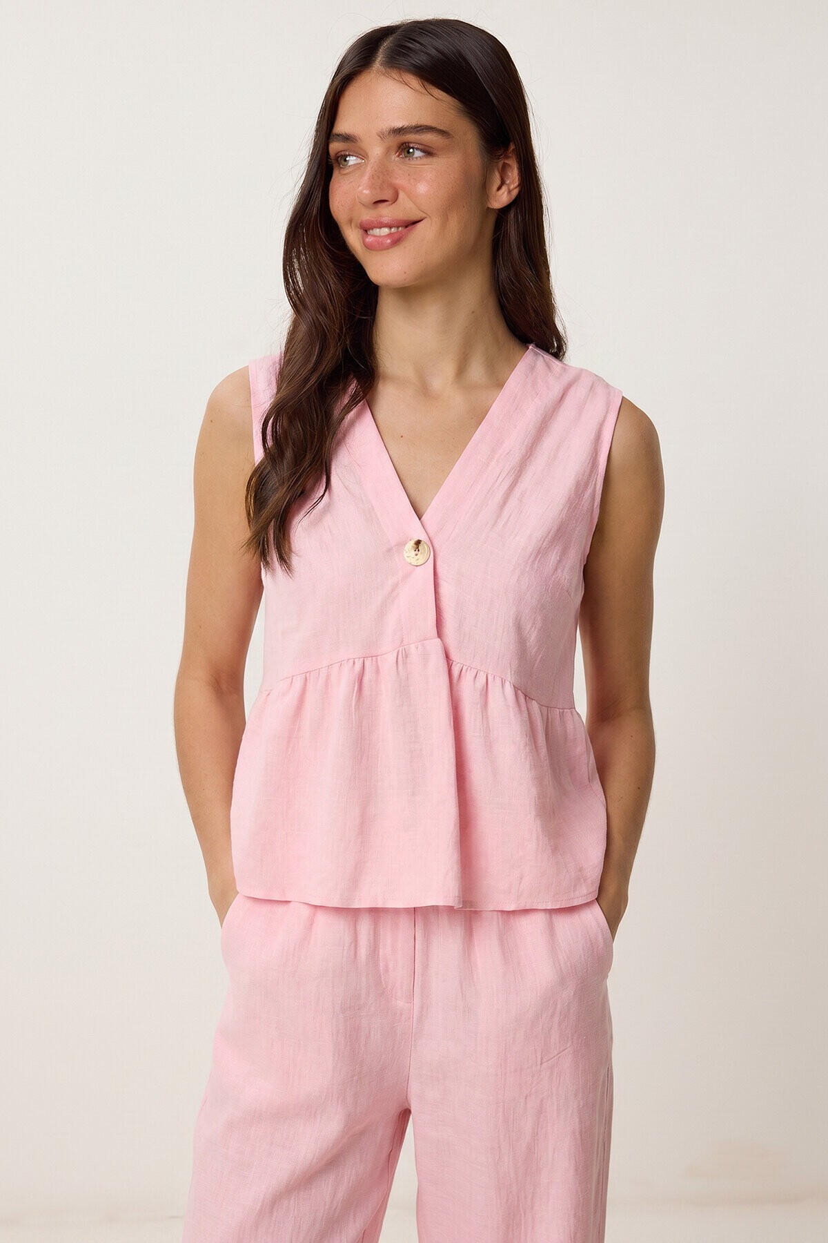 Keten Bluz Pantolon Takım ŞEKER PEMBE LAZ0009