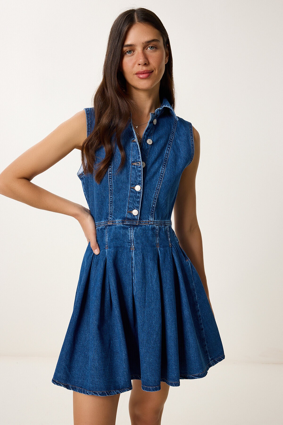 Mini Kloş Denim Elbise KOYU MAVİ LVW0002