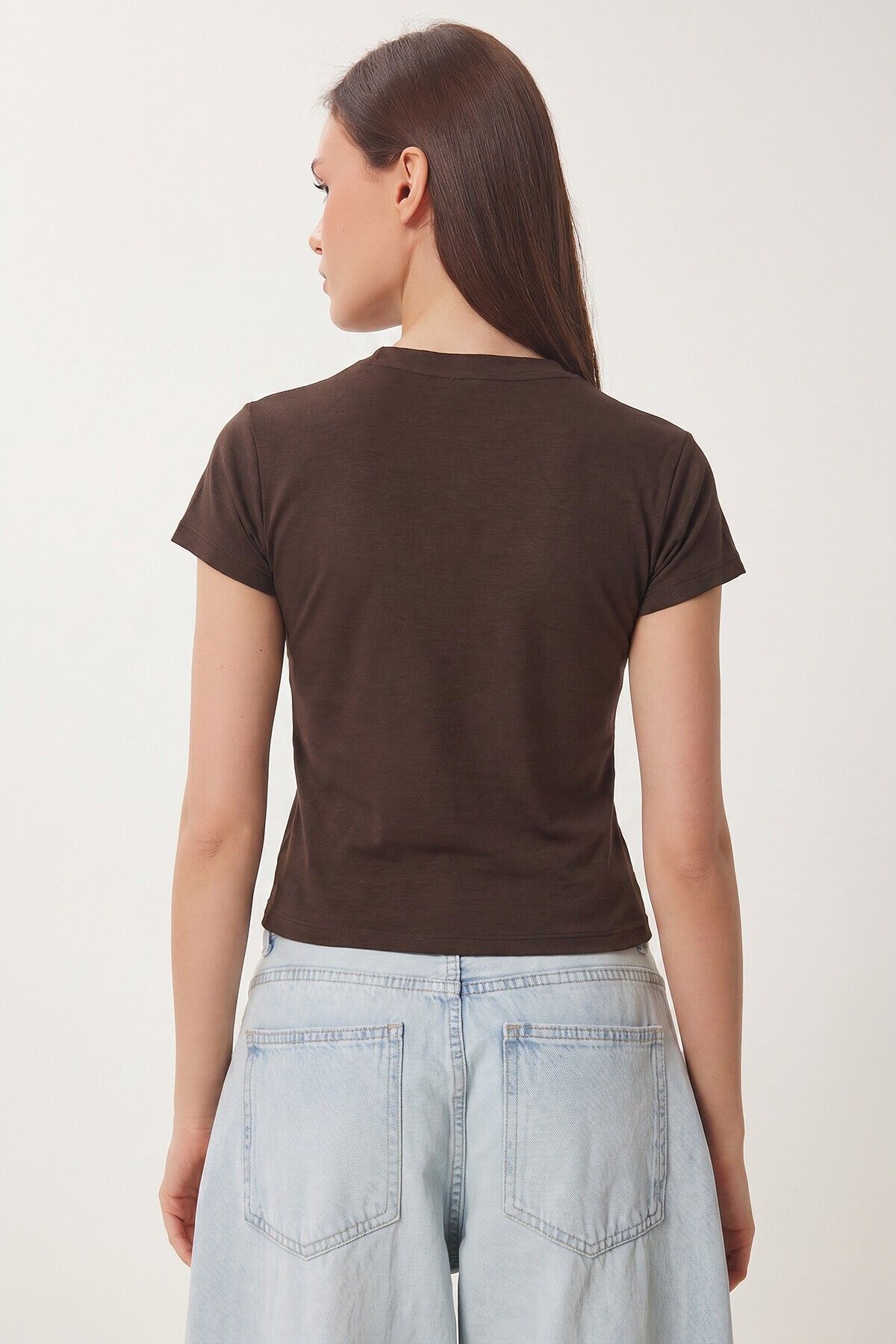 Nakış İşlemeli Pamuklu Örme T-shirt KAHVERENGİ LCR0127