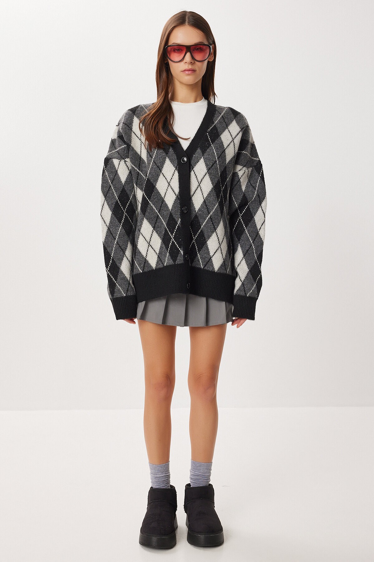 Oversize Baklava Desenli Triko Hırka SİYAH ANTRASİT LXA0028