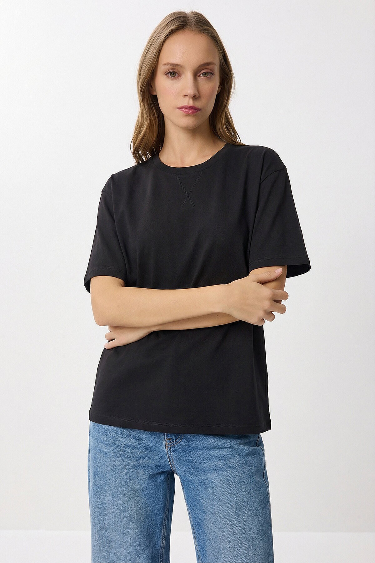 Oversize Basic Pamuklu Örme T-shirt ANTRASİT LZE0005