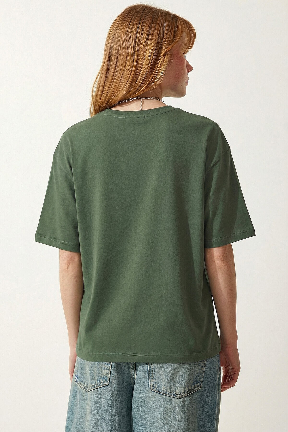 Oversize Basic Pamuklu Örme T-shirt HAKİ LZE0004