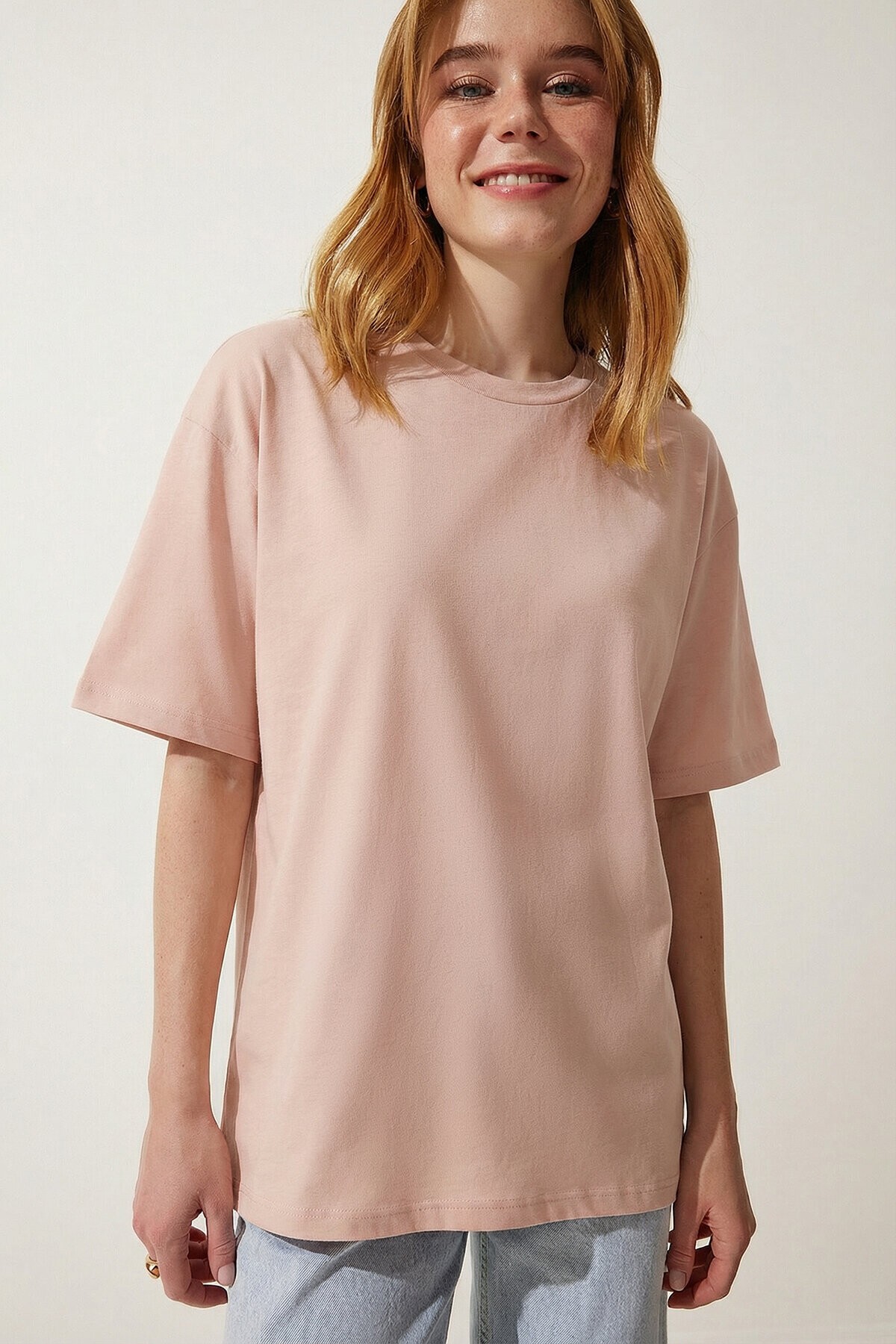 Oversize Basic Pamuklu Örme T-shirt PEMBE LZE0004