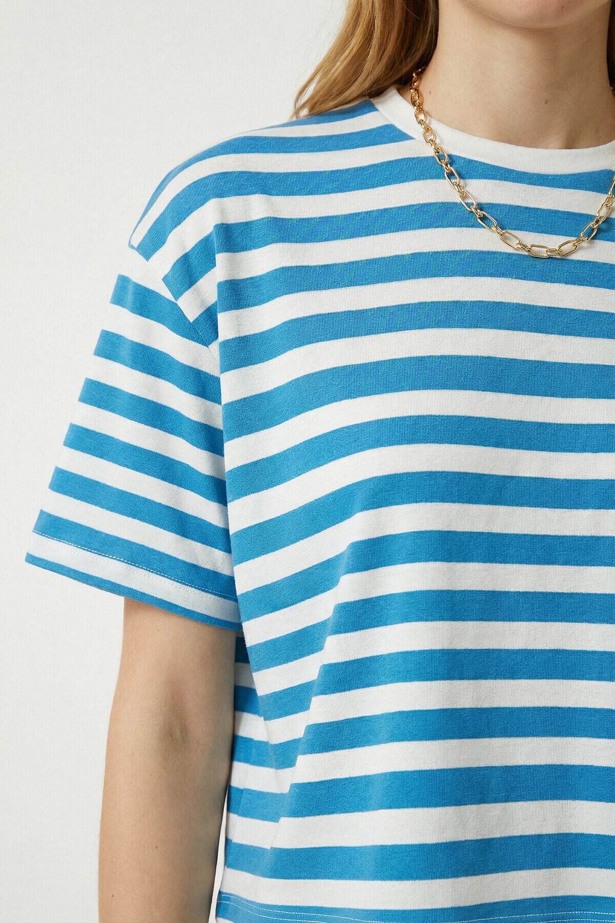 Oversize Çizgili Pamuklu Örme T-shirt MAVİ BEYAZ LZE0001