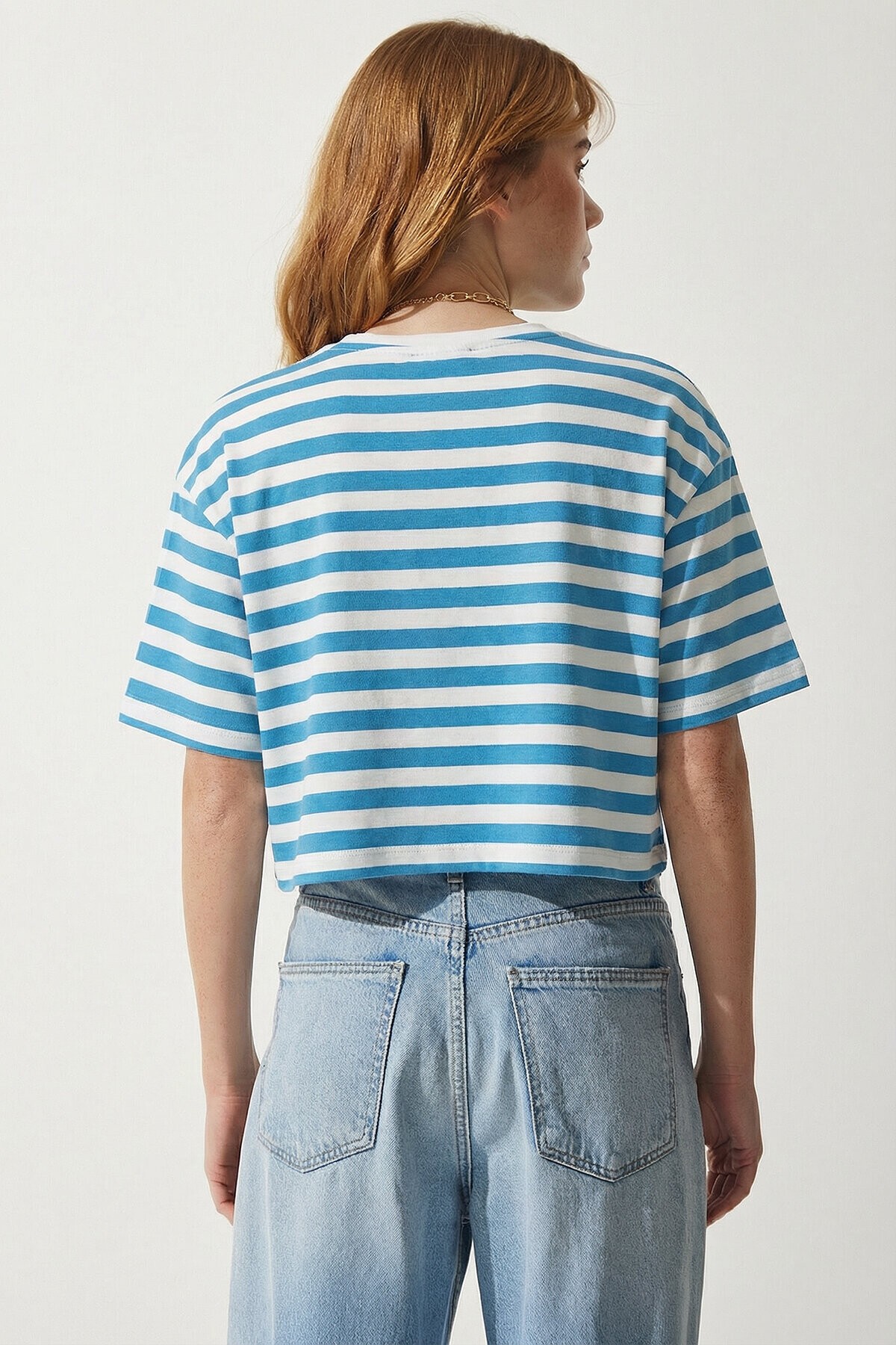 Oversize Çizgili Pamuklu Örme T-shirt MAVİ BEYAZ LZE0001
