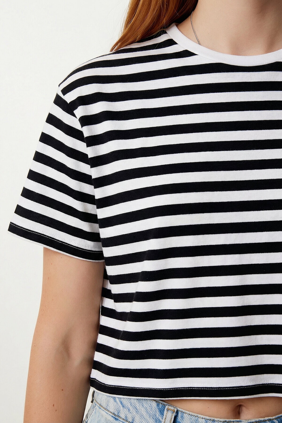 Oversize Çizgili Pamuklu Örme T-shirt SİYAH BEYAZ LZE0001