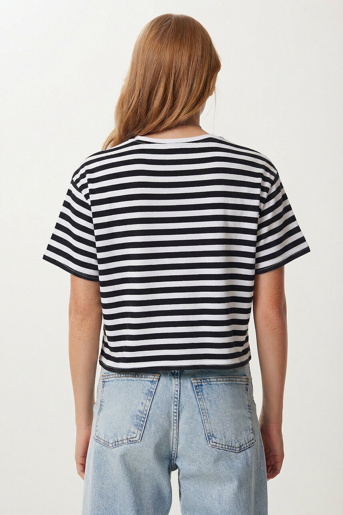 Oversize Çizgili Pamuklu Örme T-shirt SİYAH BEYAZ LZE0001