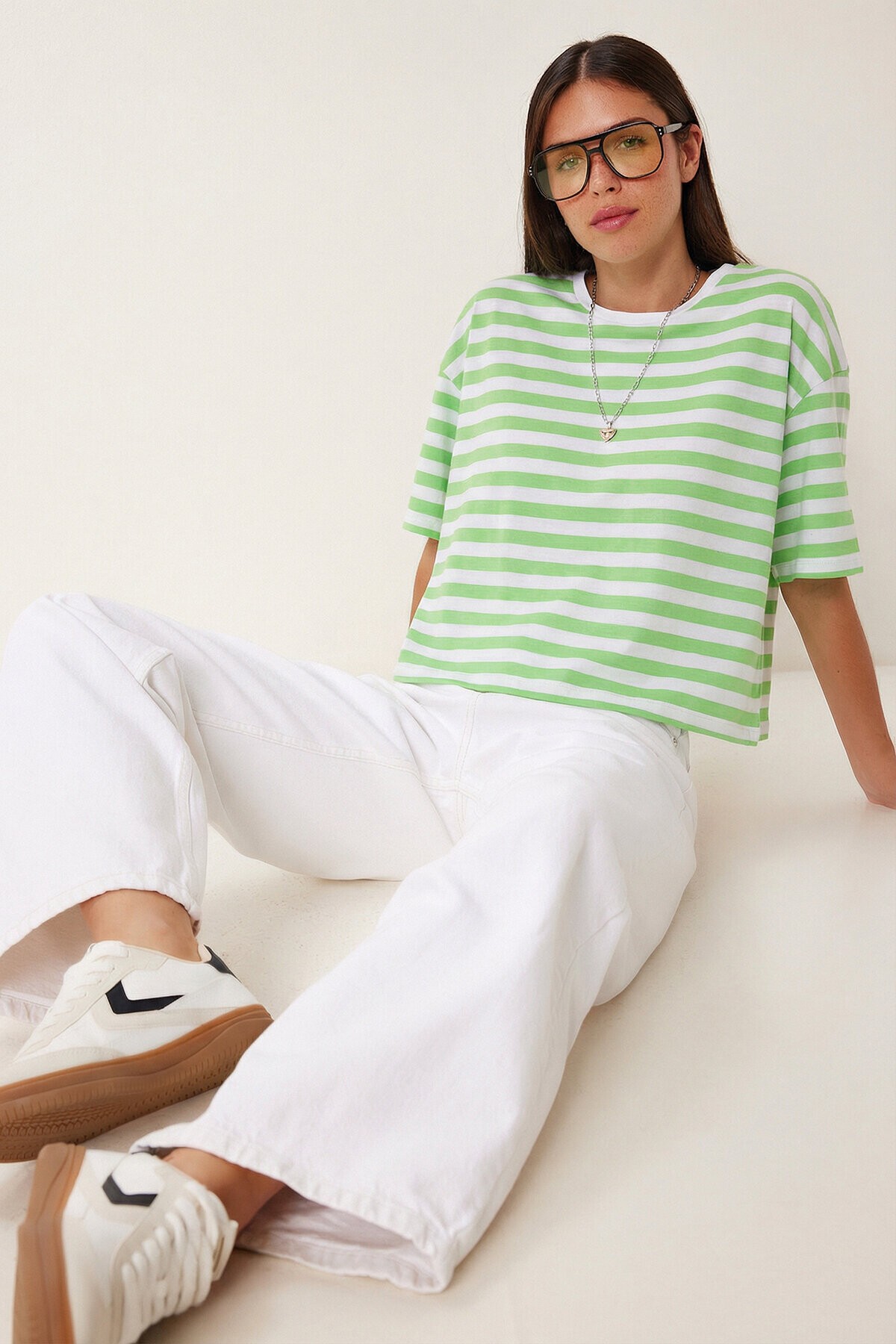 Oversize Çizgili Pamuklu Örme T-shirt YEŞİL BEYAZ LZE0001