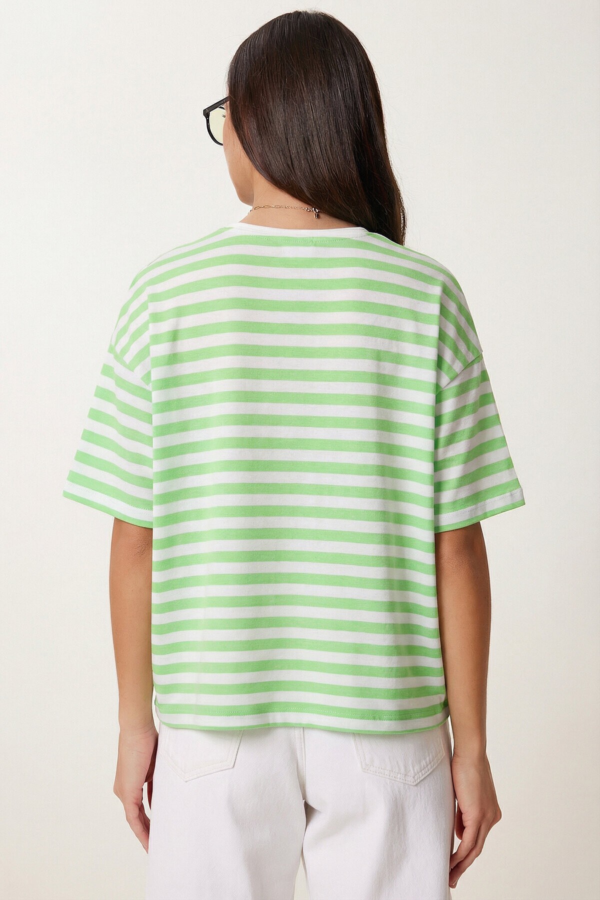 Oversize Çizgili Pamuklu Örme T-shirt YEŞİL BEYAZ LZE0001