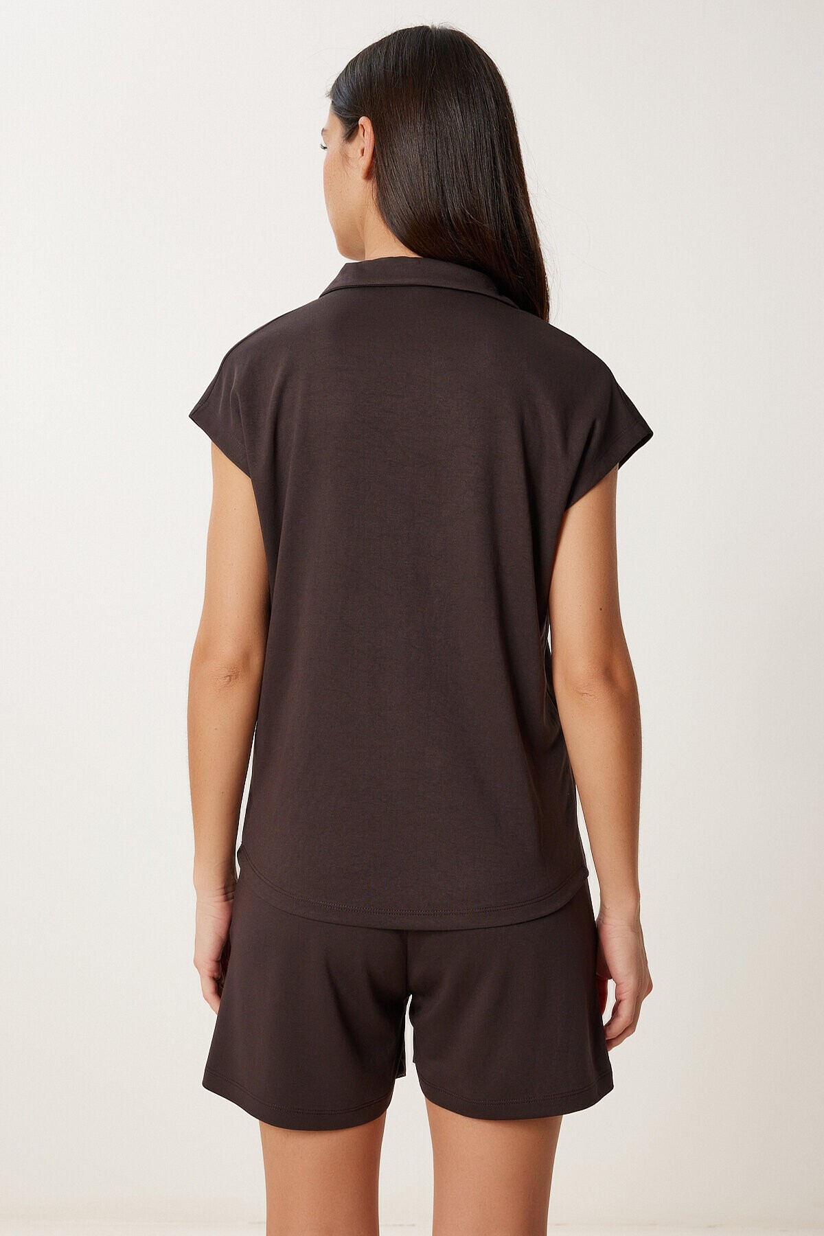 Polo Yaka Basic Örme Şort Takım KAHVERENGİ LUS0159