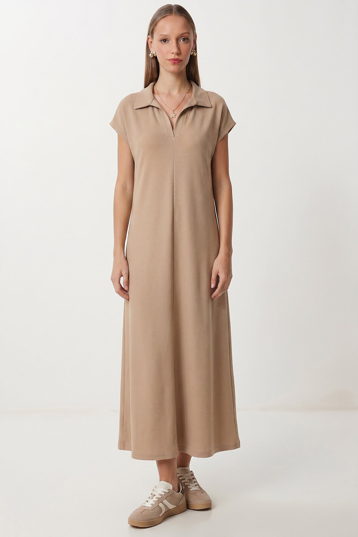 Polo Yaka Cepli Örme Elbise BEJ LDZ0038