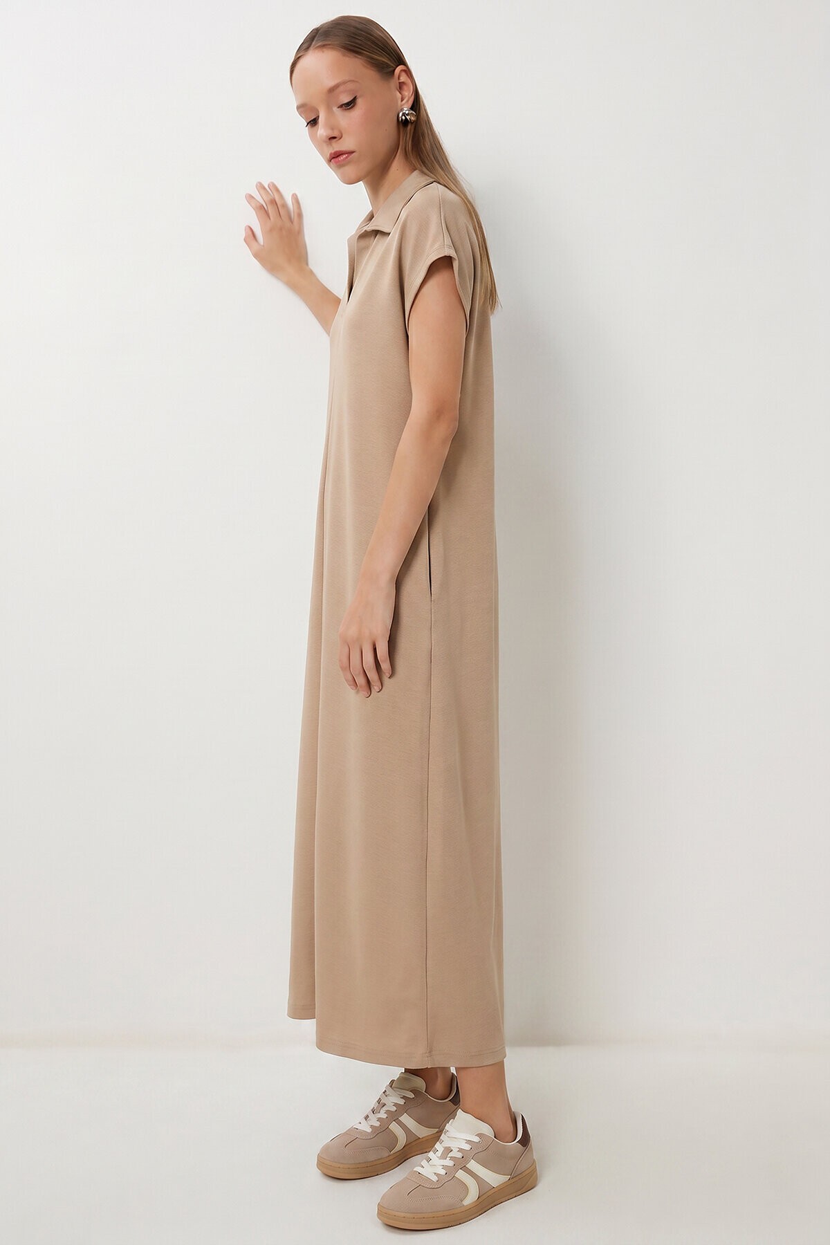 Polo Yaka Cepli Örme Elbise BEJ LDZ0038