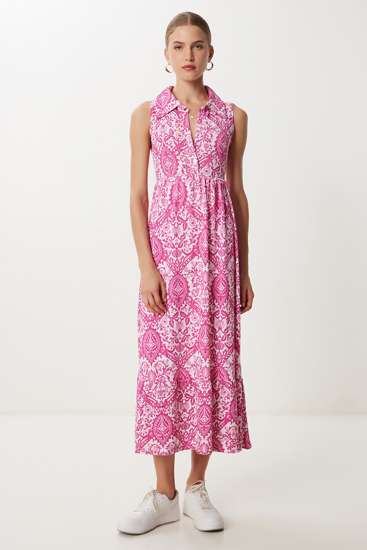 Polo Yaka Desenli Krinkıl Elbise PEMBE EKRU LZV0022
