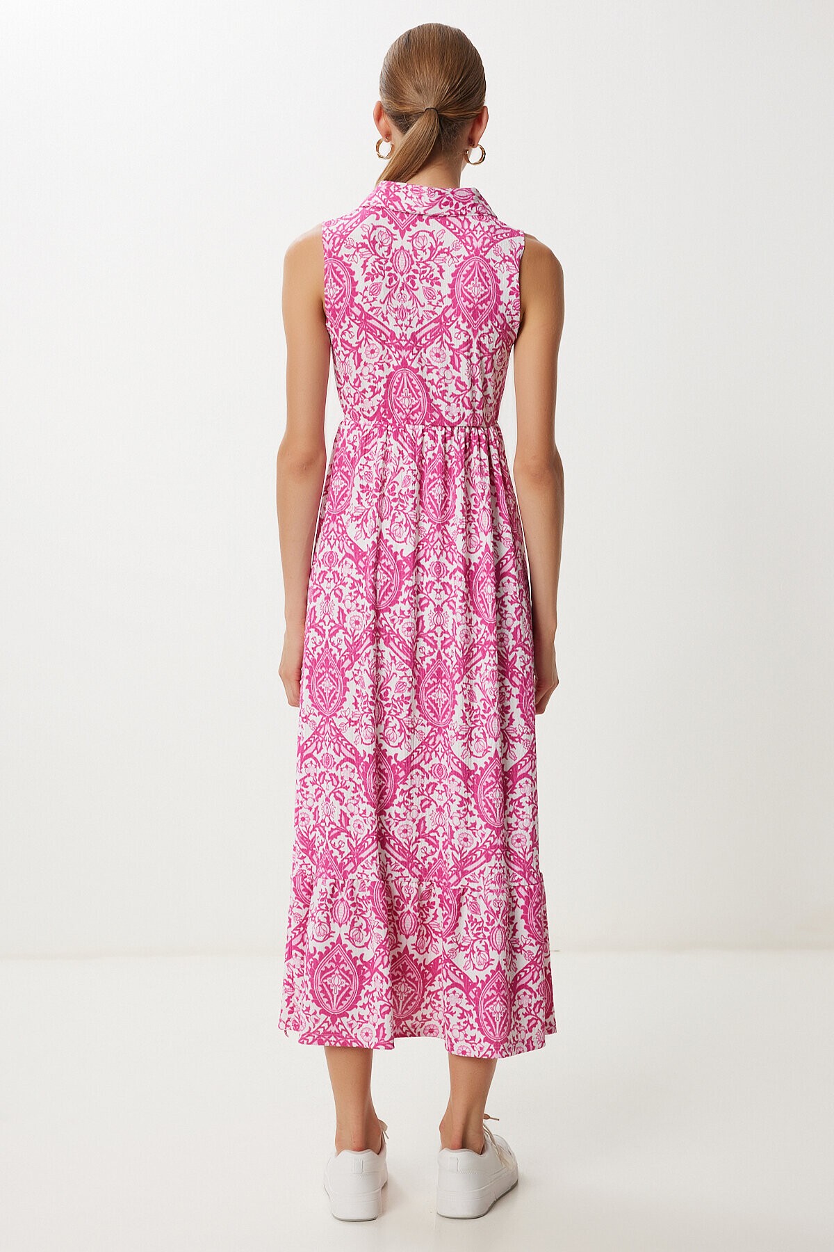 Polo Yaka Desenli Krinkıl Elbise PEMBE EKRU LZV0022