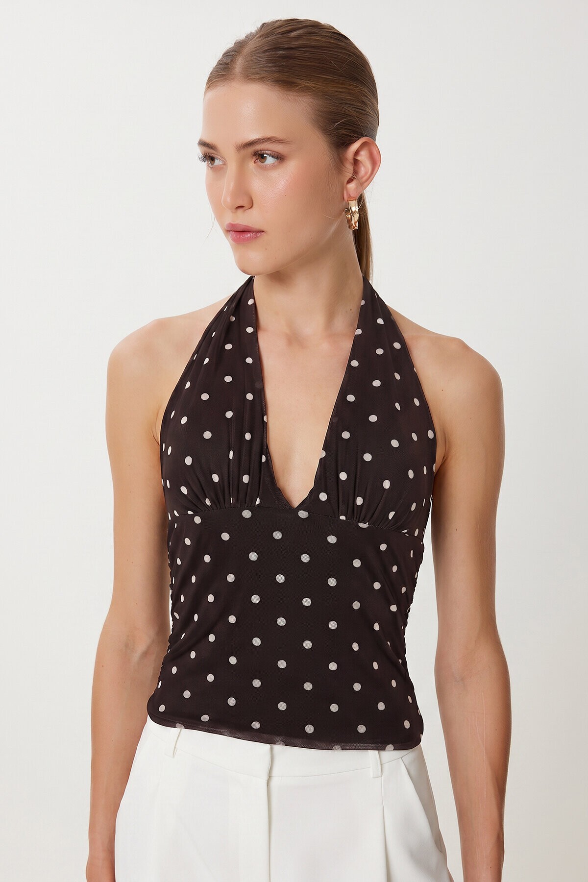 Puantiye Desenli Crop Tül Bluz KAHVERENGİ LFW0023